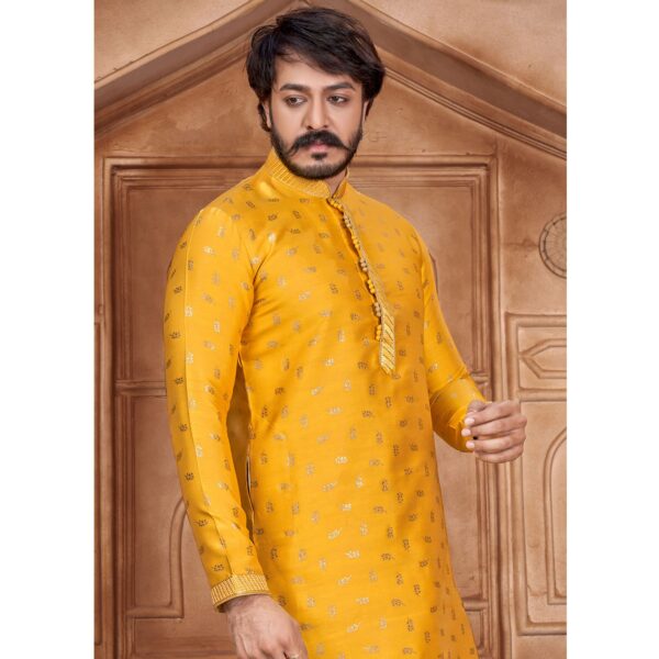 Yellow woven silk kurta pyjama - Image 2