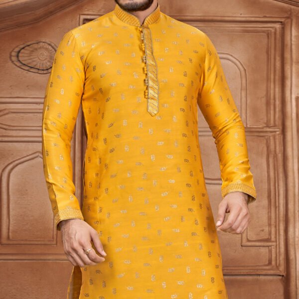 Yellow woven silk kurta pyjama - Image 3