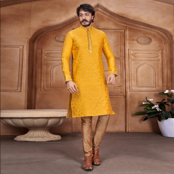 Yellow woven silk kurta pyjama - Image 4