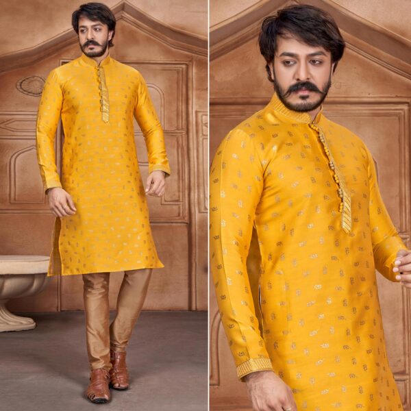 Yellow woven silk kurta pyjama